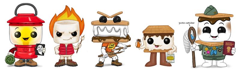 Camp Fundays Pop! Marshmallows concept. Five marshmallow figures or campers. One is lantern shaped with a ghost story book. One has a net for proto catching. Two are Sm'ores with lots of character.